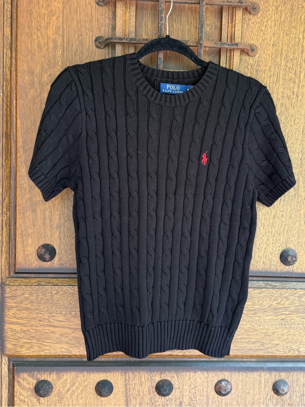 Ralph Lauren Black Cable-Knit Short-Sleeve Crewneck Sweater Size M